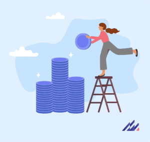 Woman on ladder holds coin representing data gathering