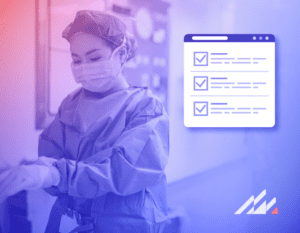 Surgeon in medical gear and a graphical representation of a surgical preference card.