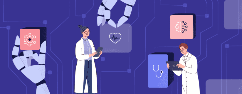 Healthcare providers using mobile devices with robotic hands in the background.