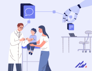A healthcare provider interacts with a child and adult while a robotic hand enters data into a mobile device in the background.