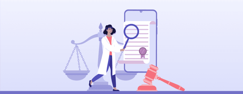 A healthcare provider examines a document on a mobile device. A gavel is in the foreground and a scale is in the background.