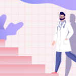 Doctor walking up steps representing ascending past failure