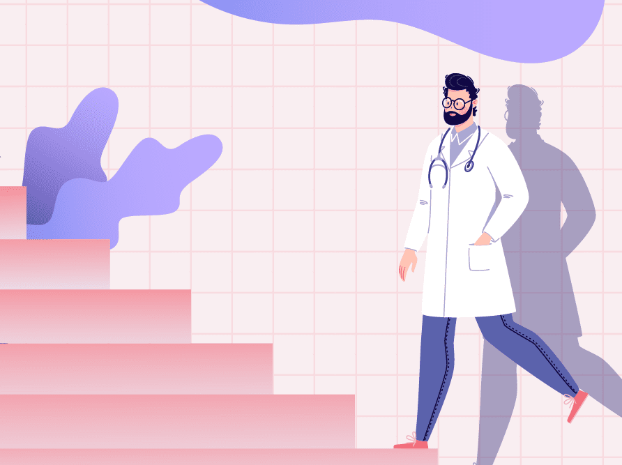 Doctor walking up steps representing ascending past failure