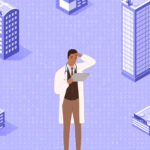 Doctor standing in the middle of many buildings