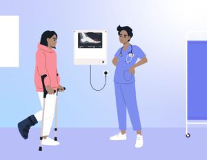 Patient and doctor in treatment room having a conversation