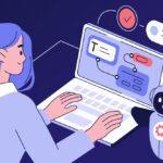 Person at computer with little AI robot next to it.