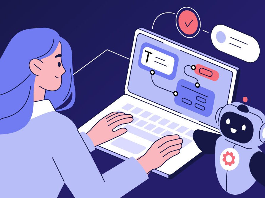 Person at computer with little AI robot next to it.