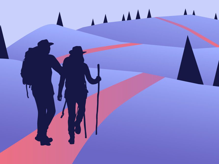 two hikers walking along trail