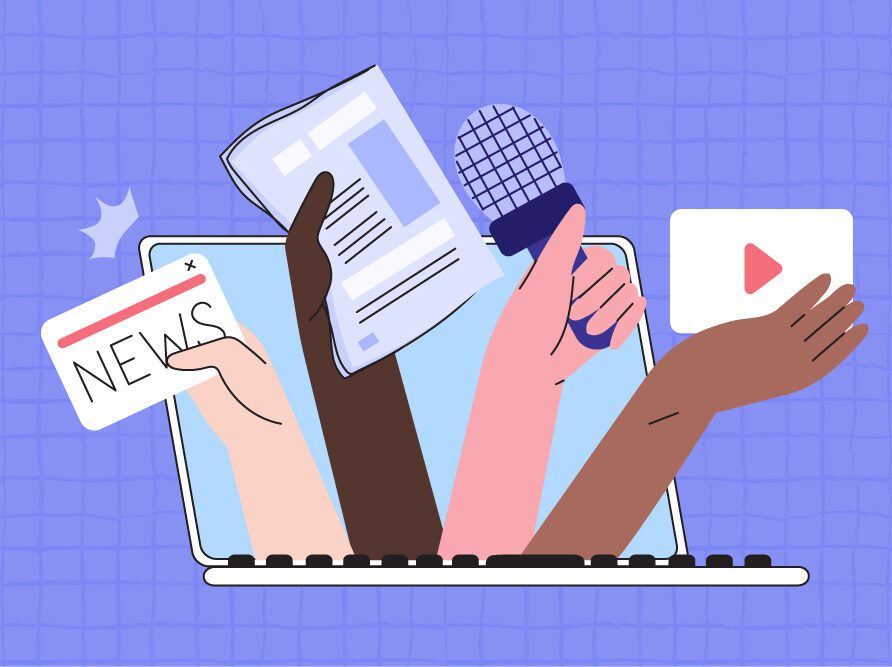 Hands holding newspapers, videos, flyers