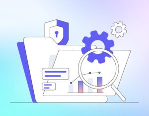 A magnifying glass over a clipboard/chart to represent intelligent search