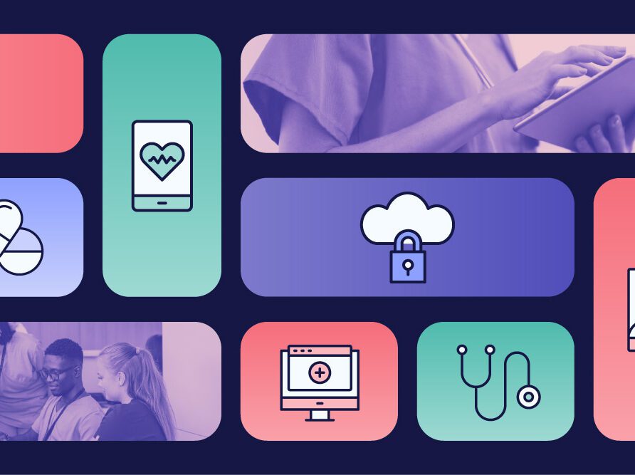 Patients and providers interacting with each other and icons of medical equipment including a stethoscope, medication and wheelchair.
