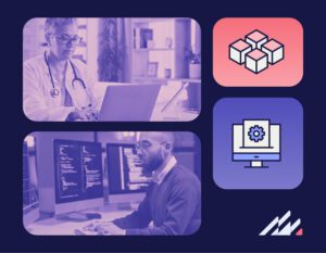 A female doctor types at a computer and a male office professional types at a computer.